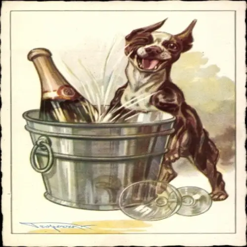 Künstler Ak Hund, Sekt im Eimer, Sektglas