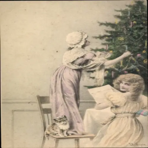 Künstler Ak Wichera, Weihnachten, Tannenbaum, Frauen mit Katze