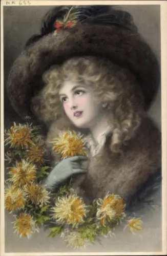 Künstler Ak Gemaltes Porträt einer jungen Frau, Hut, Blumen