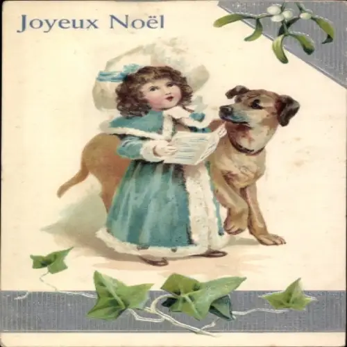 Präge Ak Glückwunsch Weihnachten, Singendes Mädchen, Hund, Mistelzweige
