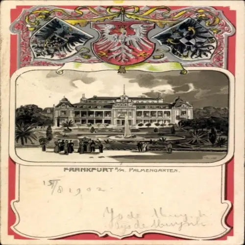 Präge Wappen Passepartout Litho Frankfurt am Main, Palmengarten