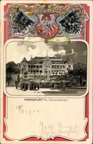 Präge Wappen Passepartout Litho Frankfurt am Main, Palmengarten