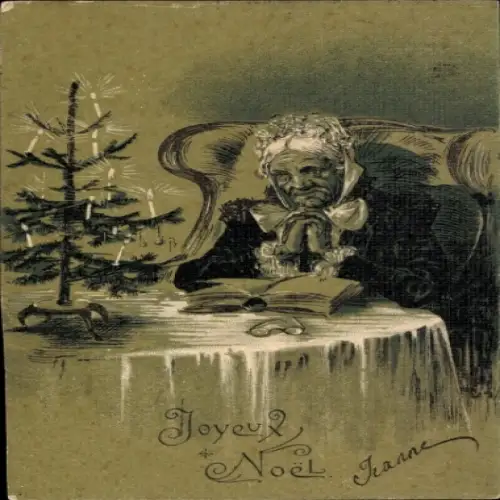 Künstler Litho Glückwunsch Weihnachten, Betende Frau, Tannenbaum