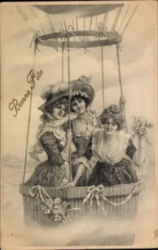 Künstler Ak Glückwunsch, Drei Frauen, Ballonfahrt