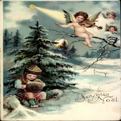 Präge Ak Frohe Weihnachten, Winterlandschaft, Kind, Engel