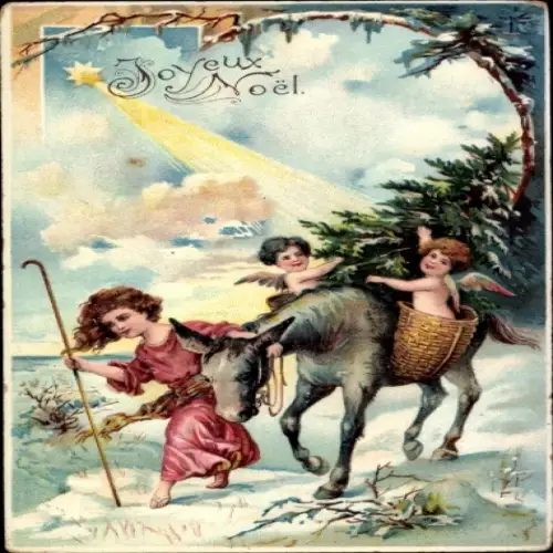 Litho Frohe Weihnachten, Engel, Gaul, Mädchen