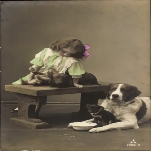 Ak Mädchen und drei Hunde, Tisch