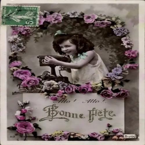Ak Glückwunsch, Mädchen, Telefon, Blumen