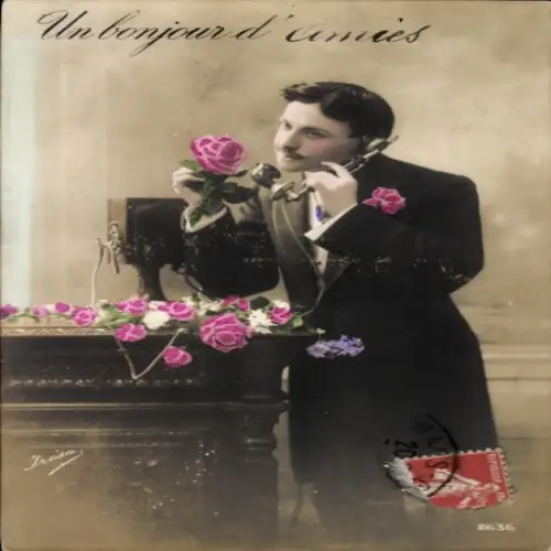 Ak Mann beim Telefonieren, Telefon, Blumen, Rosen
