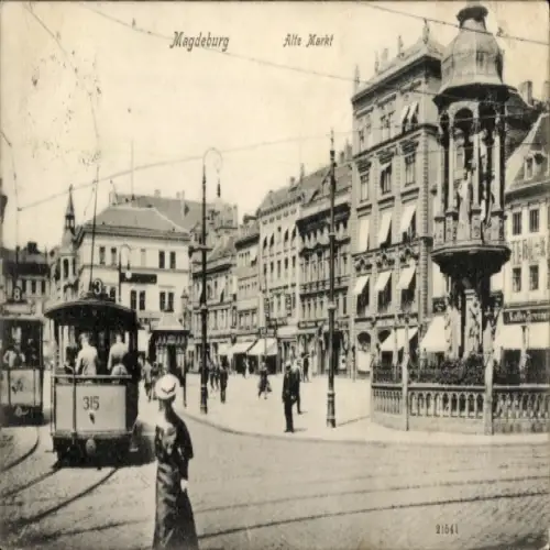 Ak Magdeburg in Sachsen Anhalt, Straßenbahn 315 und 312 am Markt