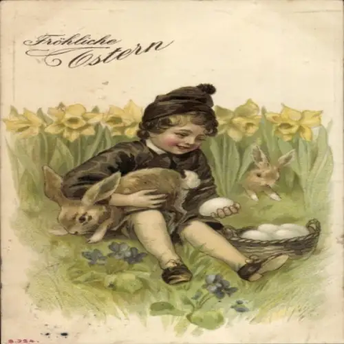 Künstler Litho Fröhliche Ostern, Kind im Osterglockenfeld mit Hasen