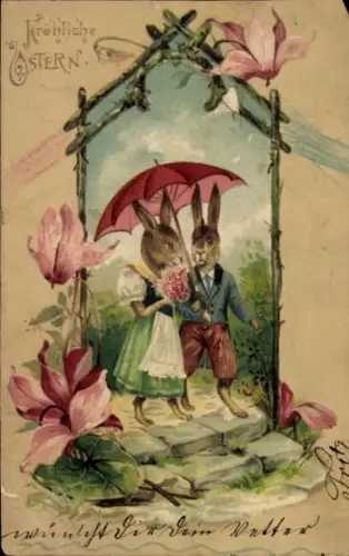 Präge Litho Fröhliche Ostern, Osterhasenpaar