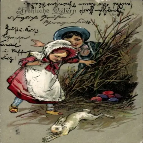 Litho Fröhliche Ostern, Kinder finden Osternest, Osterhase