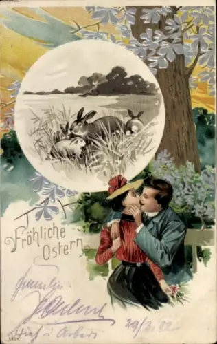 Litho Fröhliche Ostern, Liebespaar, Osterhasen