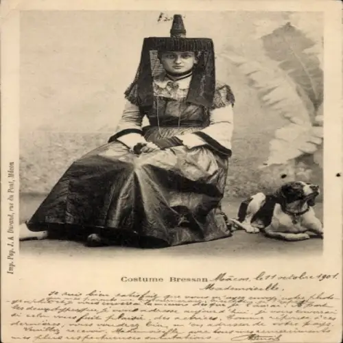 Ak Costume Bressan, Frau in Tracht, Hund