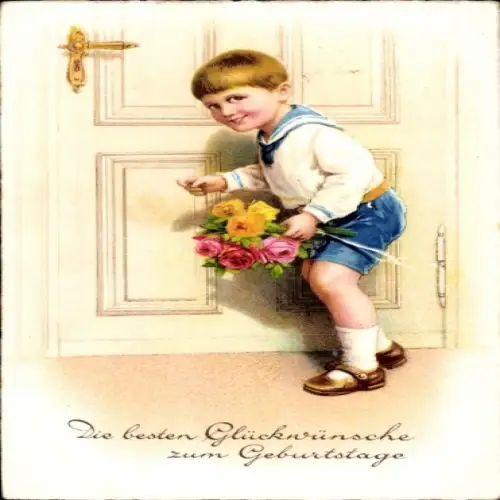 Ak Herzlichen Glückwunsch zum Geburtstag, Junge mit Blumenstrauss