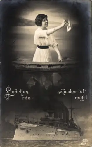Ak Deutsches Kriegsschiff, Frau winkt zum Abschied