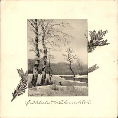 Künstler Ak Frohe Weihnachten, Landschaftsmotiv, Birken, Schnee