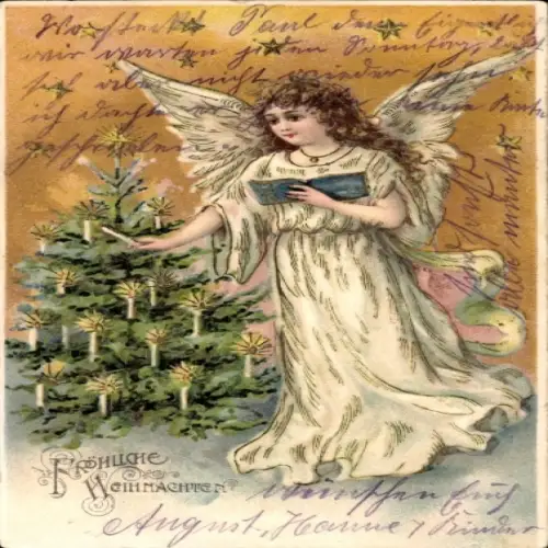 Litho Fröhliche Weihnachten, Engel am Tannenbaum