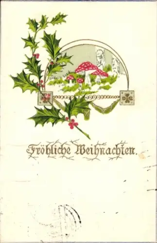 Ak Frohe Weihnachten, Stechpalmenzweig, Fliegenpilze