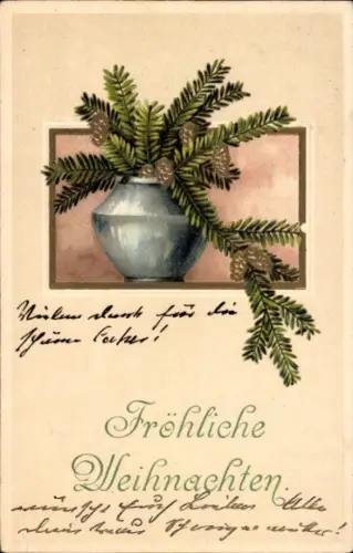Präge Ak Fröhliche Weihnachten, Vase mit Tannenzweigen