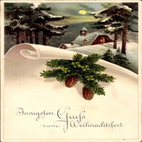 Ak Frohe Weihnachten, Tannenzweig, Tannenzapfen, Winteridyll, EAS 3778