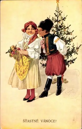 Künstler Ak Frohe Weihnachten, Paar in tschechoslowakischer Tracht