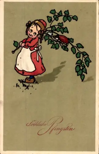 Ak Fröhliche Pfingsten, Mädchen, Zweig, Maikäfer