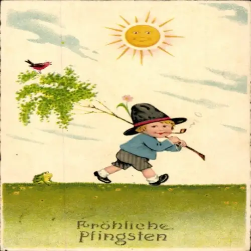 Ak Fröhliche Pfingsten, Kind mit Tabakpfeife, Sonne, Frosch