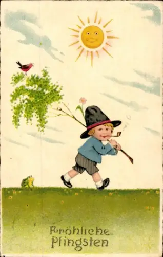 Ak Fröhliche Pfingsten, Kind mit Tabakpfeife, Sonne, Frosch