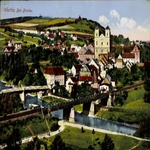 Ak Wrocław Breslau Schlesien, Postkarte mit Landschaft, Stadtansicht, Fluss, Brücke, Kirchenbau