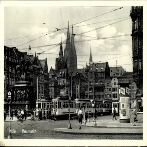 Ak Köln am Rhein, Heumarkt, Tram,  Architektur, Statue, Stadtansicht