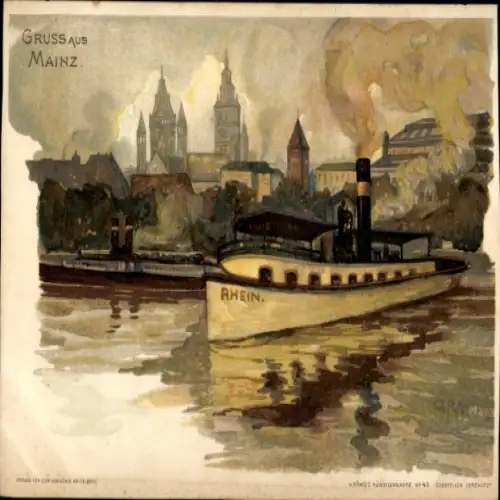 Künstler Litho Graf, G., Mainz am Rhein, Dampfer Rhein, Stadtansicht