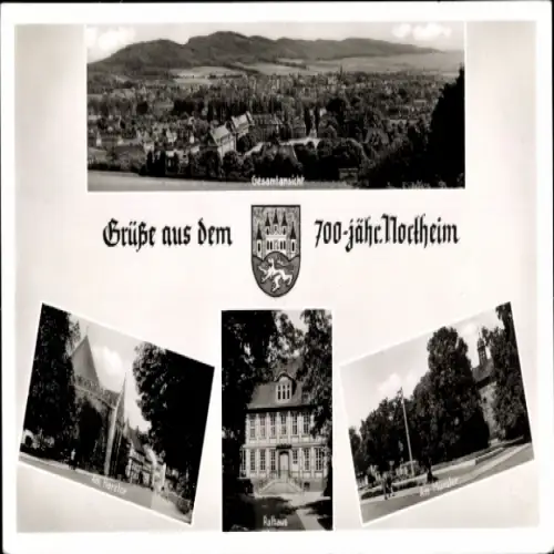 Ak Northeim in Niedersachsen, Panoramablick  Rathaus, Harzbor, 700 Jahre