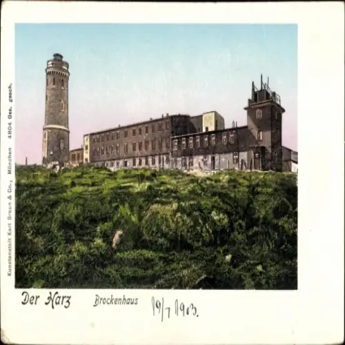 Golden Winndows Litho Brocken im Harz, Brockenturm, Brockenhotel, Brockenhaus