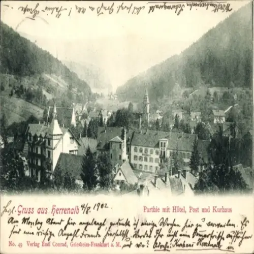 Ak Bad Herrenalb im Schwarzwald, Panoramablick auf  Hotel, Post, Kurhaus, schöne Landschaft