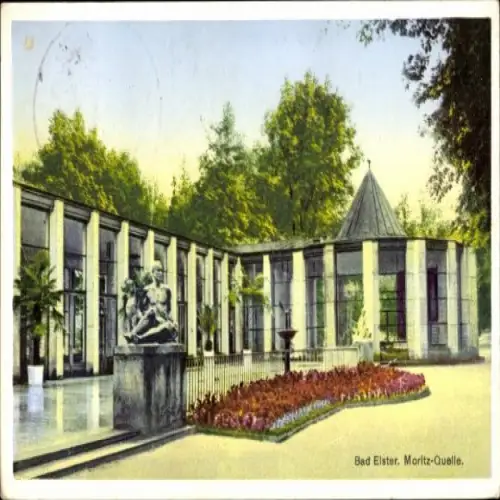 Ak Bad Elster im Vogtland,  Moritz-Quelle, Garten, Statue, Glaskonstruktion