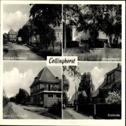Ak Collinghorst Rhauderfehn in Ostfriesland, Kaufhaus Battermann, Kirchstraße, Steenblock, Denkmal