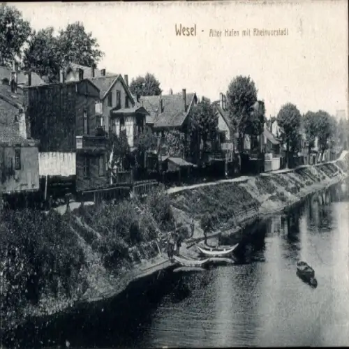 Ak Wesel am Niederrhein, Alter Hafen, Rheinvorstadt, Wasserweg, Häuser, Bäume
