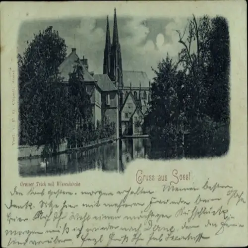 Mondschein Ak Soest in Westfalen, Großer Teich, Wiesenkirche