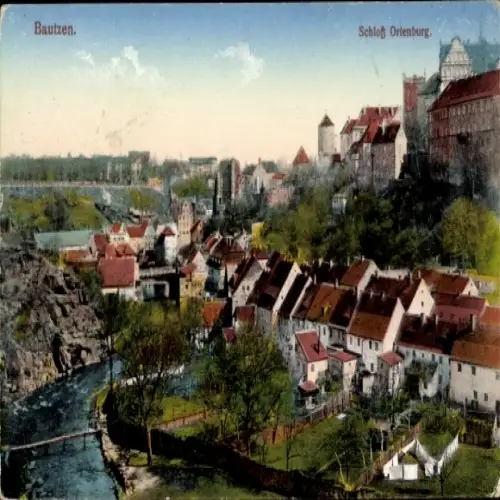 Ak Bautzen in der Oberlausitz, Aussicht auf  Schloss Ortenburg, Fluss, Häuser, Bäume