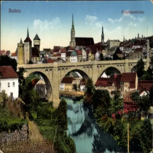 Ak Bautzen in der Oberlausitz, Stadtansicht, Kronprinzenbrücke,  Gebäude, Fluss