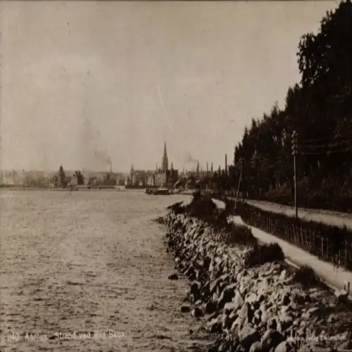 Ak Århus Aarhus Dänemark, Aarhus Strand, Küstenblick, Gebäude, Bäume, Wasser
