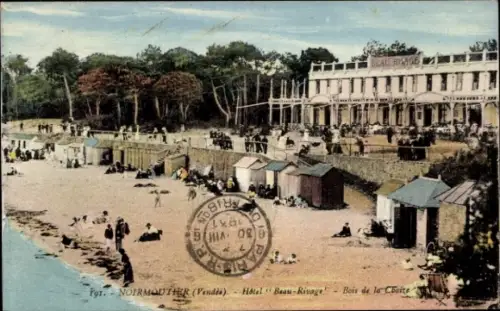 Ak Noirmoutier Vendée, Strand mit Hotels, Badehütten, Wasser, Bäume am Ufer