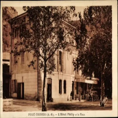 Ak Puget Theniers Alpes Maritimes, Hotel Philip, Platz