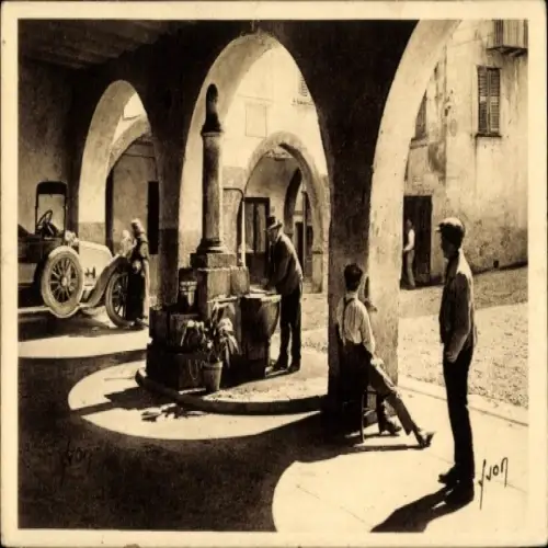 Ak Sospel Alpes Maritimes, Alte Arkaden, Brunnen, Platz Saint-Michel, Oldtimer Auto, Menschen