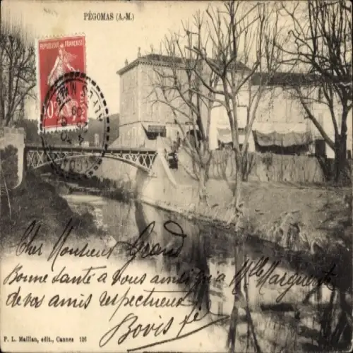 Ak Pegomas Alpes Maritimes, Flusslauf, Brücke, Häuser