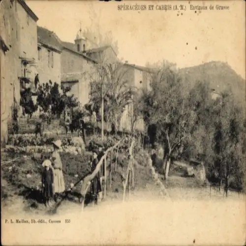 Ak Grasse Alpes Maritimes, Historisches Dorfbild, Bäume, Hügel, Menschen am Gartenweg