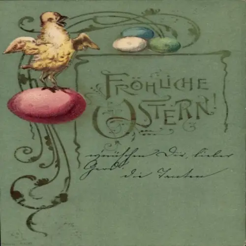 Präge Ak Fröhliche Ostern, Küken, Ostereier