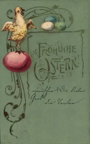 Präge Ak Fröhliche Ostern, Küken, Ostereier